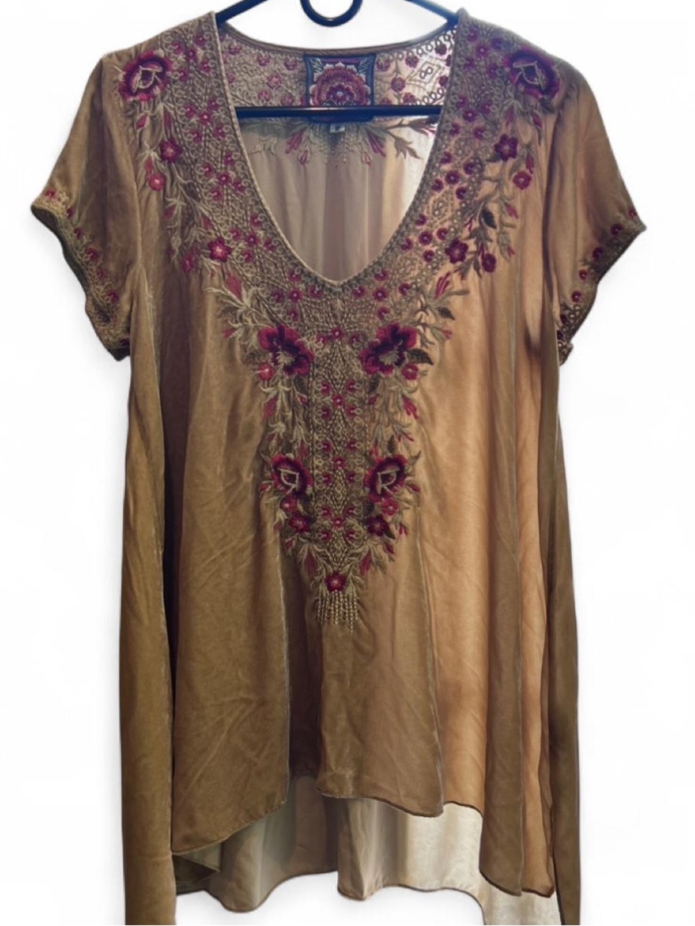 Johnny Was Embroidered Velvet V-Neck Tunic Top -Gold with Pink & Red Floral Sz M